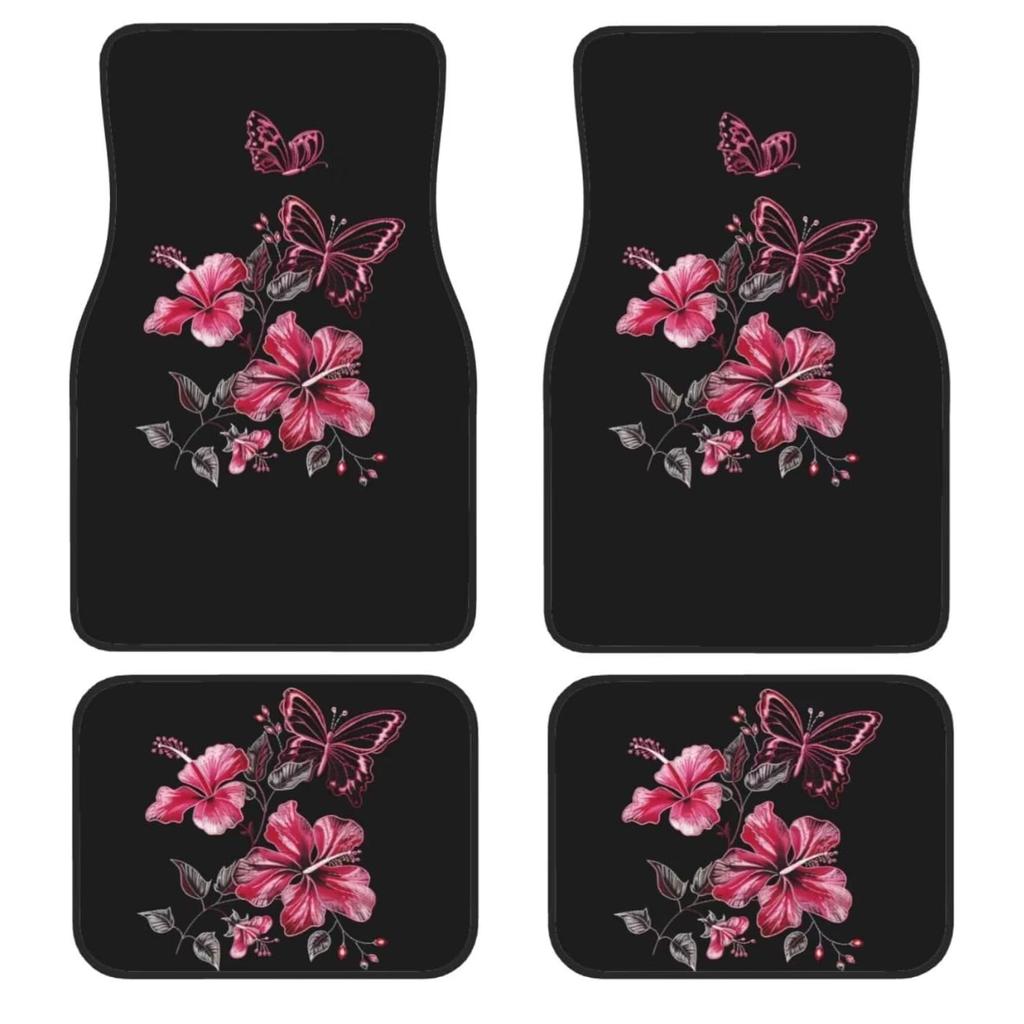 Hibiscus & Butterfly Car Floor Mats Full Set of 4,Black Vehicle Carpets Mat Car Floor Carpets Rugs ,Car Accessories