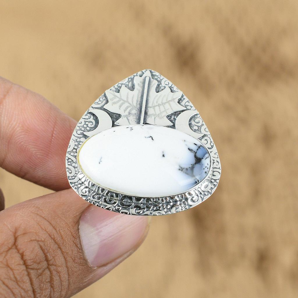 Natural Dendrite Opal Cresent Moon Multi Stone Statement Ring Jewelry 925 Silver