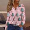 Women's Fashion Casual V-Neck Button-Up Long-Sleeve T-Shirt With Christmas Print Top