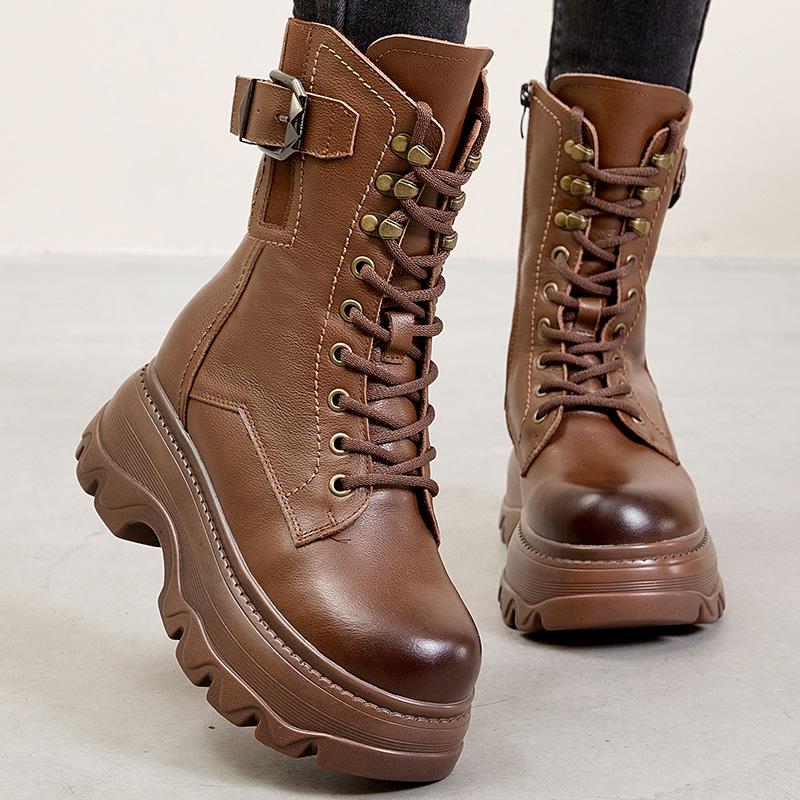 Fashion GKTINOO Retro Style Women High Heel Genuine Leather Mid-Calf Boots 2025 Autumn Winter Warm Platform Booties Zip Zapatos Mujer