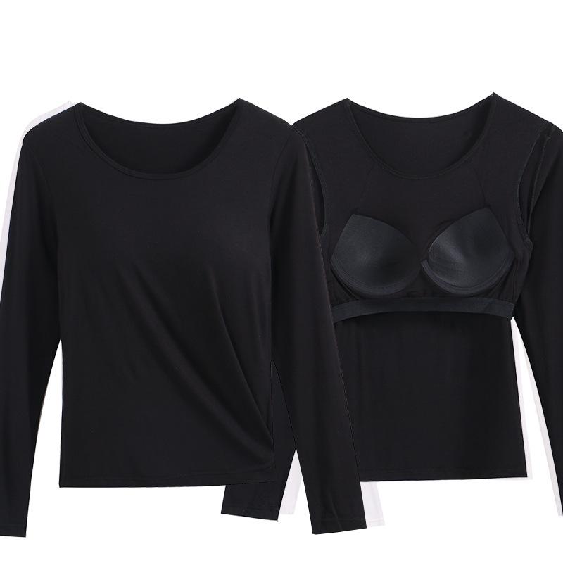 Damska koszulka z długim rękawem i okrągłym dekoltem z wbudowanymi bezprzewodowymi miseczkami – wyszczuplająca warstwa bazowa do jogi