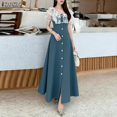 Women Lace Patchwork Round Neck Casual Short Sleeve Long Dress