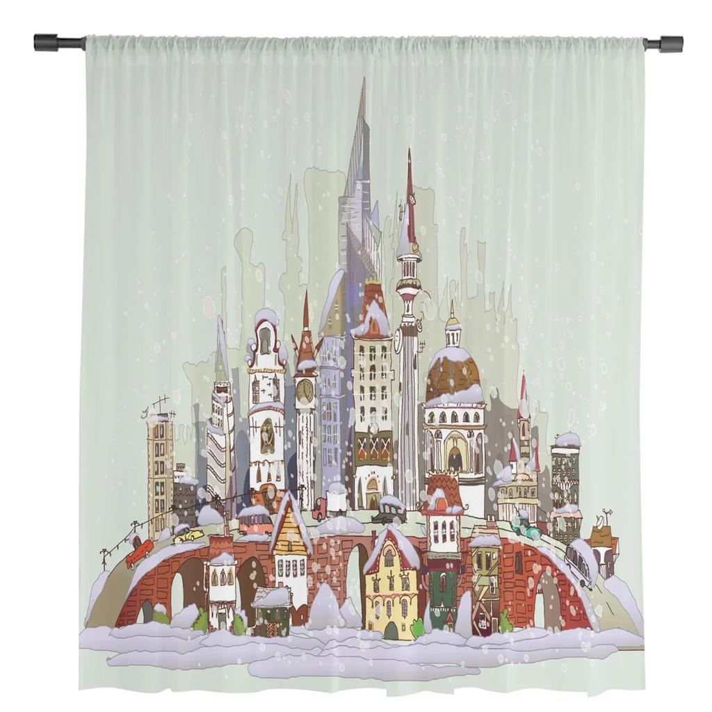 Christmas City Houses Building Castle Chiffon Sheer Curtains for Living Room Bedroom Decoration Window Voiles Tulle Curtain