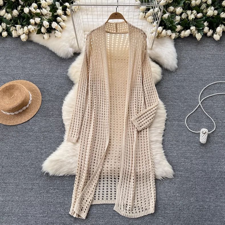 Spring/Summer Women's Long Cut-Out Knit Cardigan Loose Sun Protection Shawl Jacket Open Fron Knit Cardigan