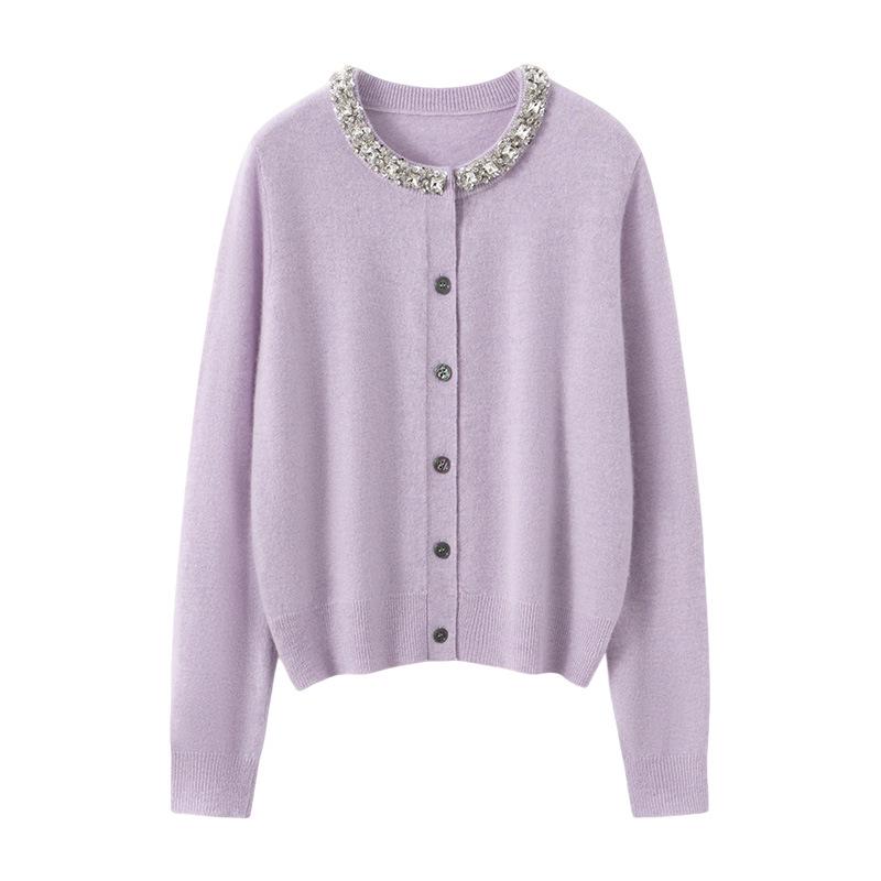 Autumn Winter Wool Knit Cardigan with Beaded Rhinestone Embellishments