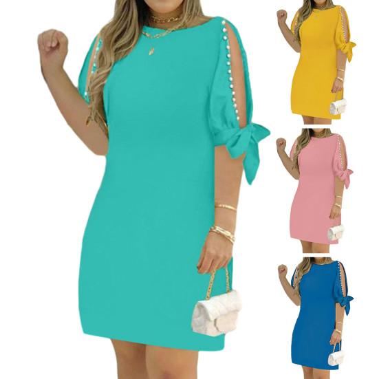 Damen-Kleid, aushöhlen, kurze Ärmel, Rundhalsausschnitt, einfarbig, weich, atmungsaktiv, locker, knielang, Kunstperlen-Dekor, Damen-Midikleid für den Pendelverkehr