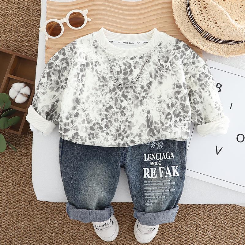 

Весенний свитшот с круглым вырезом и принтом тай-дай и джинсовый комплект с длинными рукавами 2025 80cm-120cm / 5 pieces серый