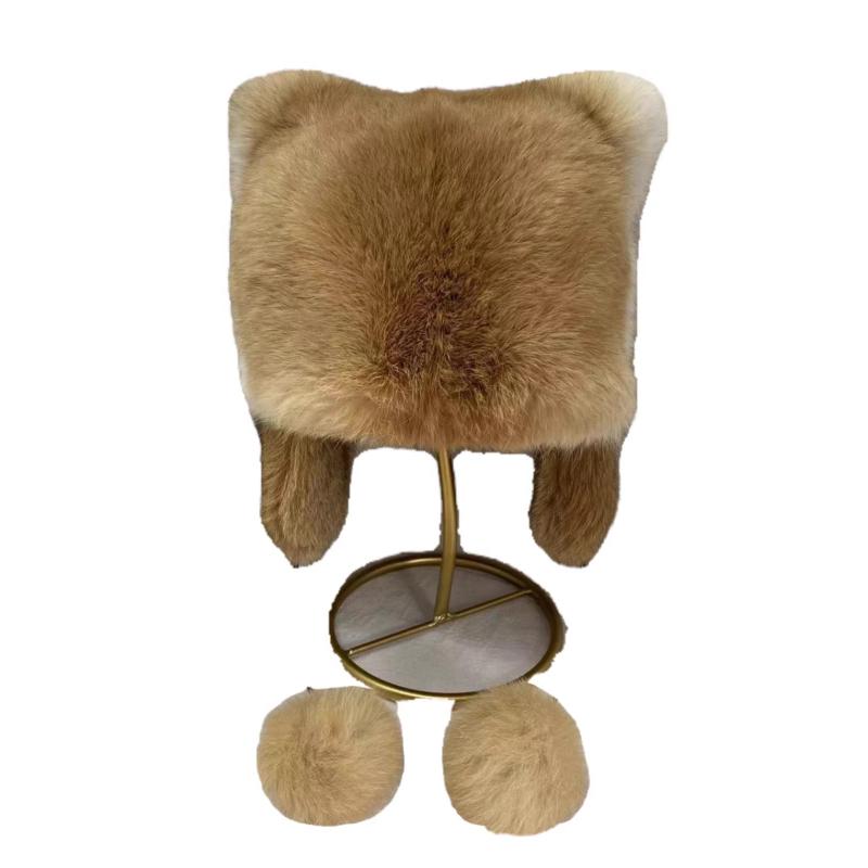 Rabbit Fur Whole Leather Hat Cat Ear Hat Autumn and Winter Ladies Sweet Cute Ball Fur Ear Hat Thickened Warm