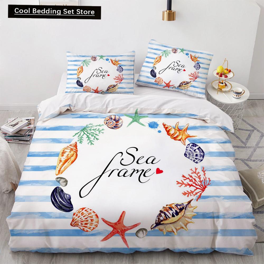 Blue Ocean King Queen Bettbezug Cartoon Seestern Muschel Bettwäscheset für Kind Teenager Erwachsene Meer Strand 2/3tlg. Polyester Bettdeckenbezug