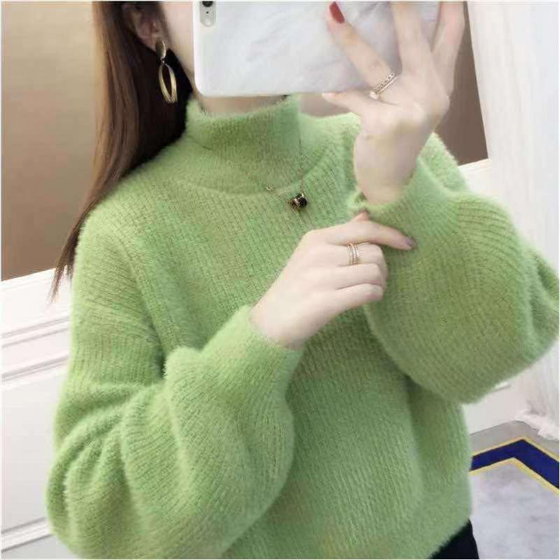 Women's Mink Velvet Lantern Sleeve Sweater - Loose, Half High Collar, Autumn/Winter Outerwear