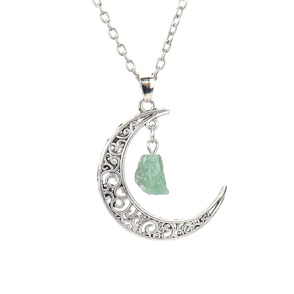 Hollow Moon Natural Rough Stone Crystal Pendant Necklace Amethyst Pendant Couple Necklace N597