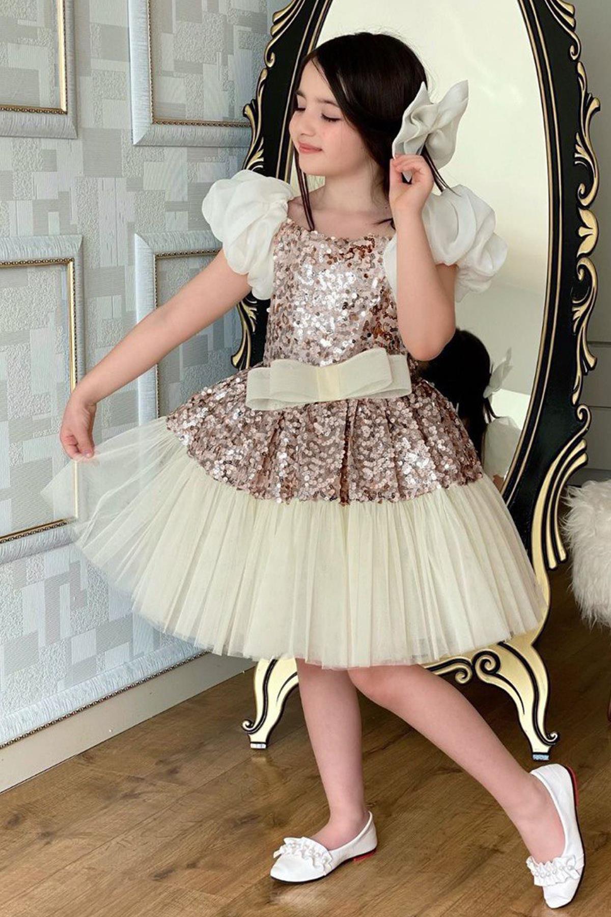 

Girl s Balloon Sleeves Pulp Detailed Skirt Fluffy Tulle Brown Evening Dress