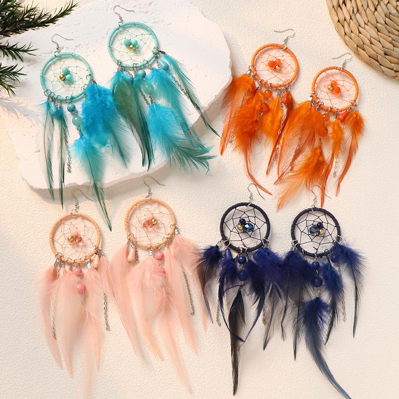 Feather Earrings Ethnic Style Long Tassel Exaggerated Personality Seaside Vacation Style Earrings Women