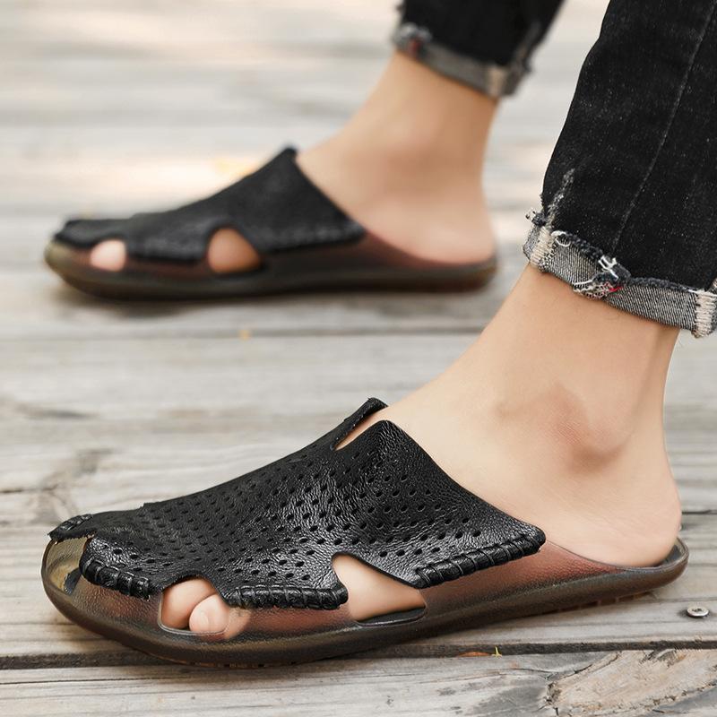 Large Size Handmade Bag Head Slippers Real Cowhide Men's Summer Outdoor Sandals Home Half Drag Korean Version Personalized Beach Shoes