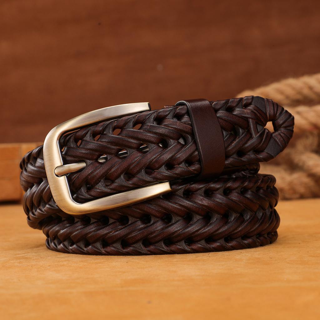Belt for Men's Retro Hand-woven Genuine Leather Pants Belt for Students' Pin Buckle Versatile Trendy Young People