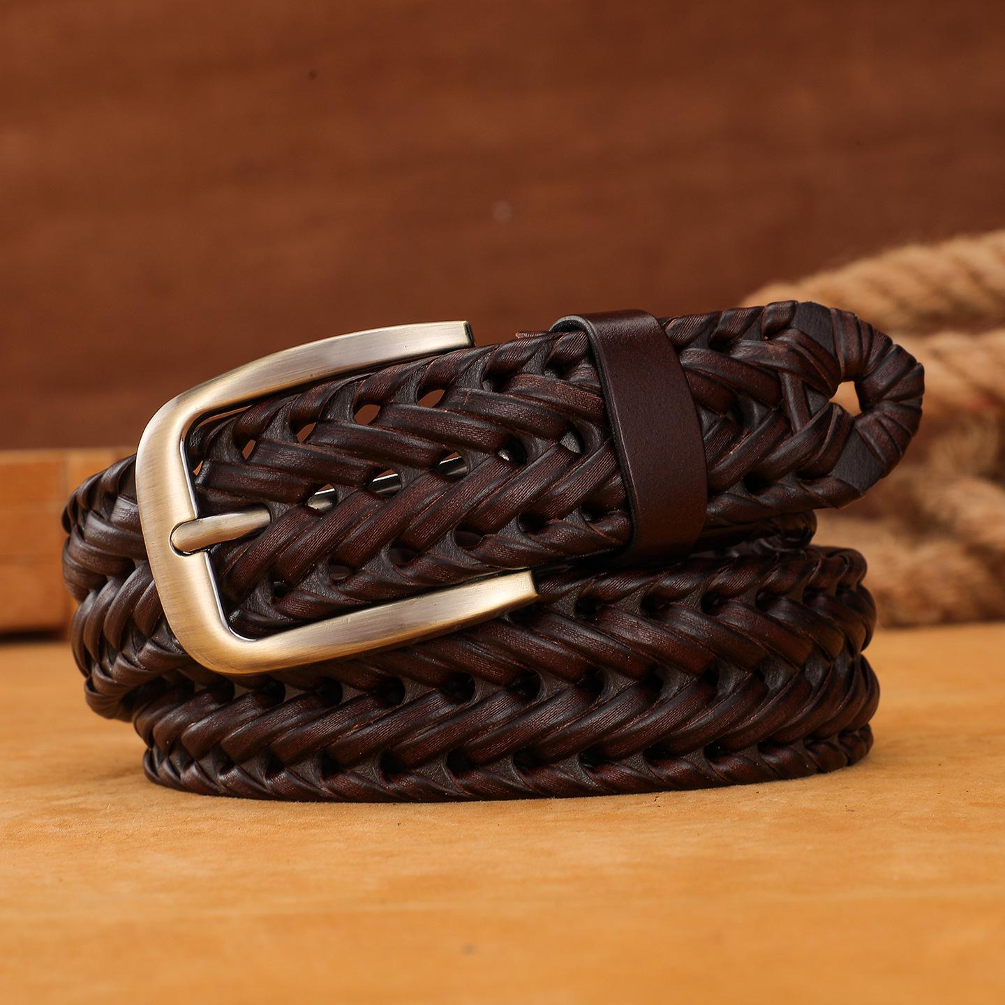 

Belt for Men s Retro Hand-woven Genuine Leather Pants Belt for Students Pin Buckle Versatile Trendy Young People 120