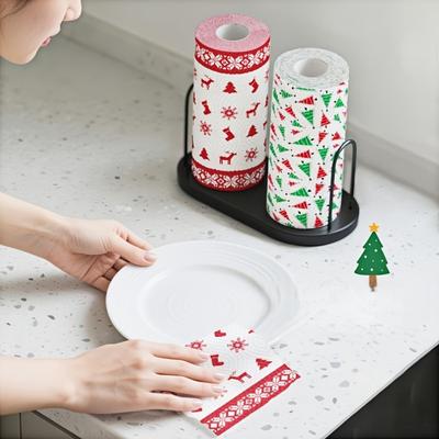 4 Pièces Serviettes en Papier de Cuisine de Noël, Papier Rouleau Épais Trois Couches, Jetable Nettoyage de Cuisine Double Usage Sec et Humide Ménager Épais Rouleau