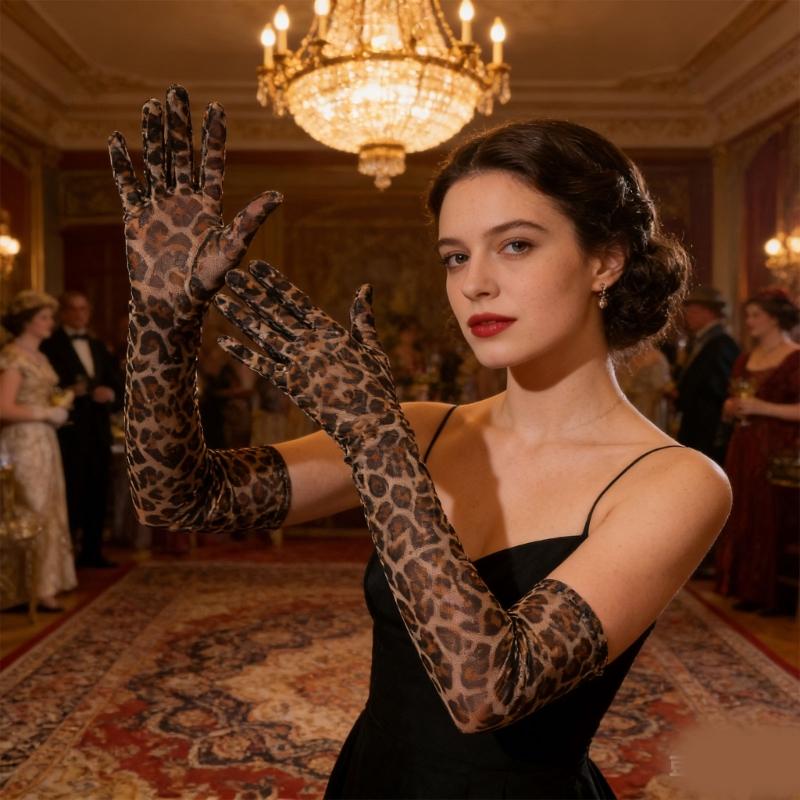 Eleganti Guanti Lunghi in Rete con Stampa Leopardata Accessorio Cosplay Guanti Lunghi Elasticizzati fino al Gomito per Feste da Ballo ed Eventi di Ballo
