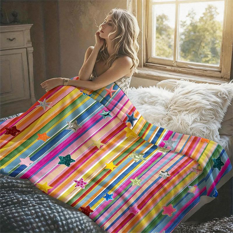 Rainbow Striped Stars Flannel Blanket Perfect for Sofa Office Bed Travel Sleep Read Relax Camping Four Season Use