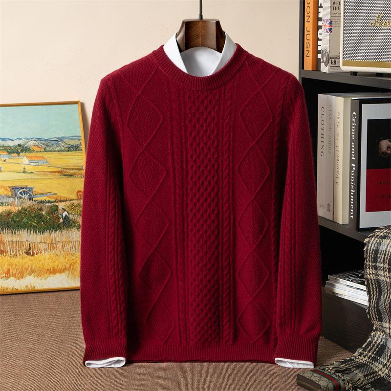 Crew neck solid color seven-needle double-strand thickened idea yarn cashmere sweater men's knitted sweater loose jumper