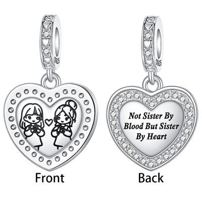 Heart Sisters Charms Copper Double-Sided Zircon Dangle Pendant Fit Bangle Bracelet Necklace Diy Jewelry