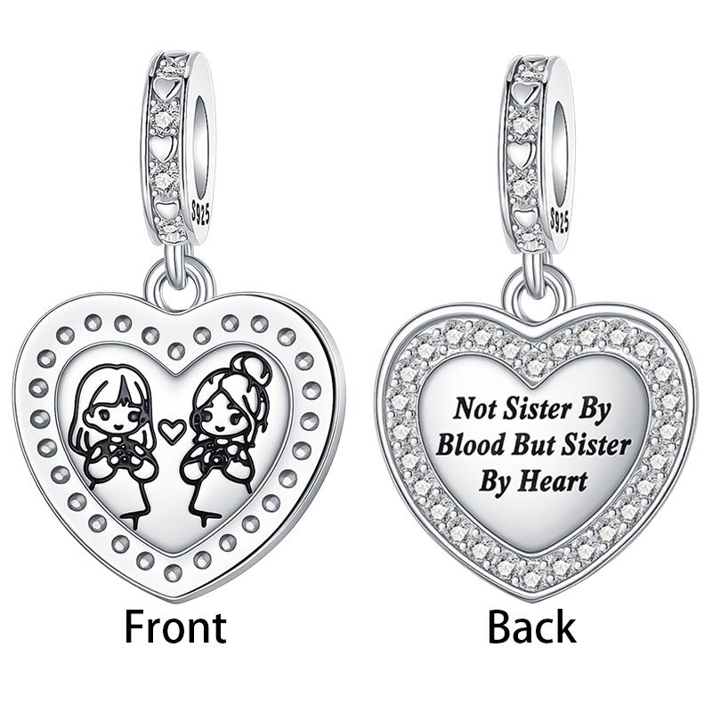 Heart Sisters Charms Copper Double-Sided Zircon Dangle Pendant Fit Bangle Bracelet Necklace Diy Jewelry