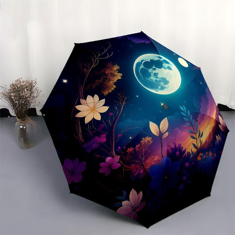 Enchanted Night Garden: Moonlit Floral FantasyUmbrella with Cute Design, Portable 3-Fold Compact Umbrella for Men & Women, Valentine's Day Mother's Da