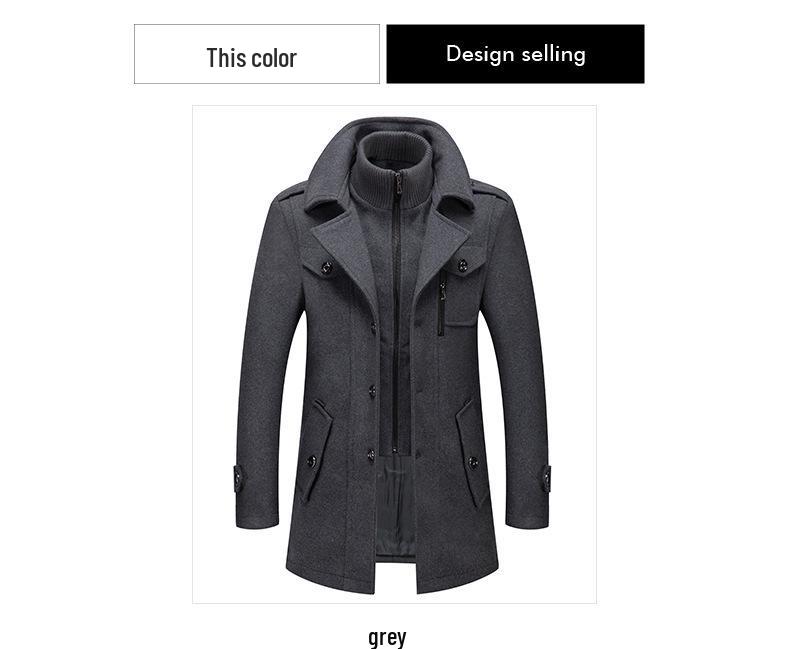 Men's Double Collar Woolen Coat: Autumn/Winter Business Style for Middle-Aged Men