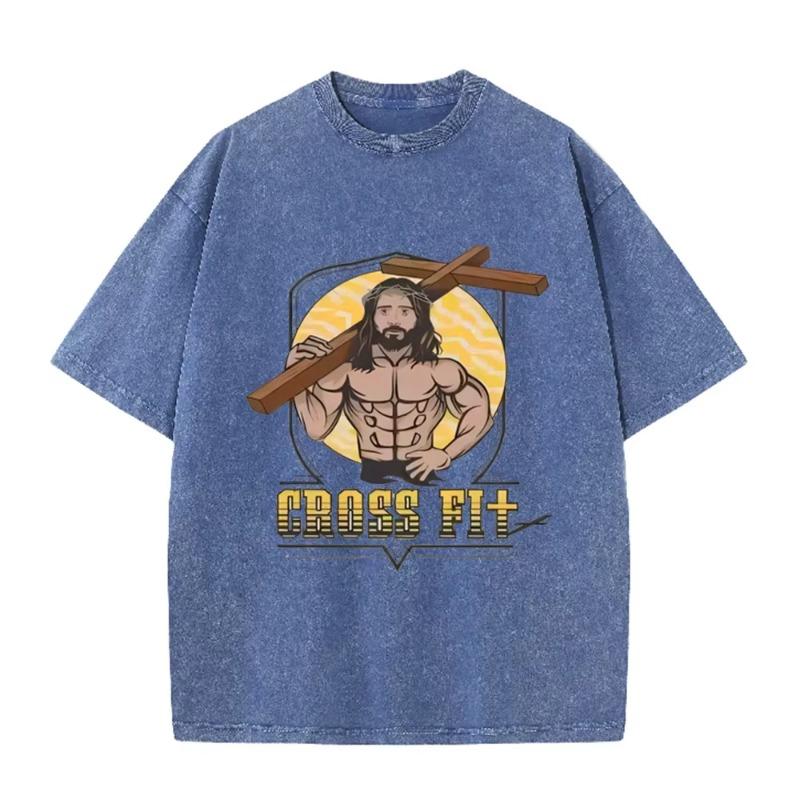 Asian Size Vintage Washed T Shirt Muscular Jesus Cross Fit Graphic Oversized Gym Christian Streetwear Short Sleeve Tee