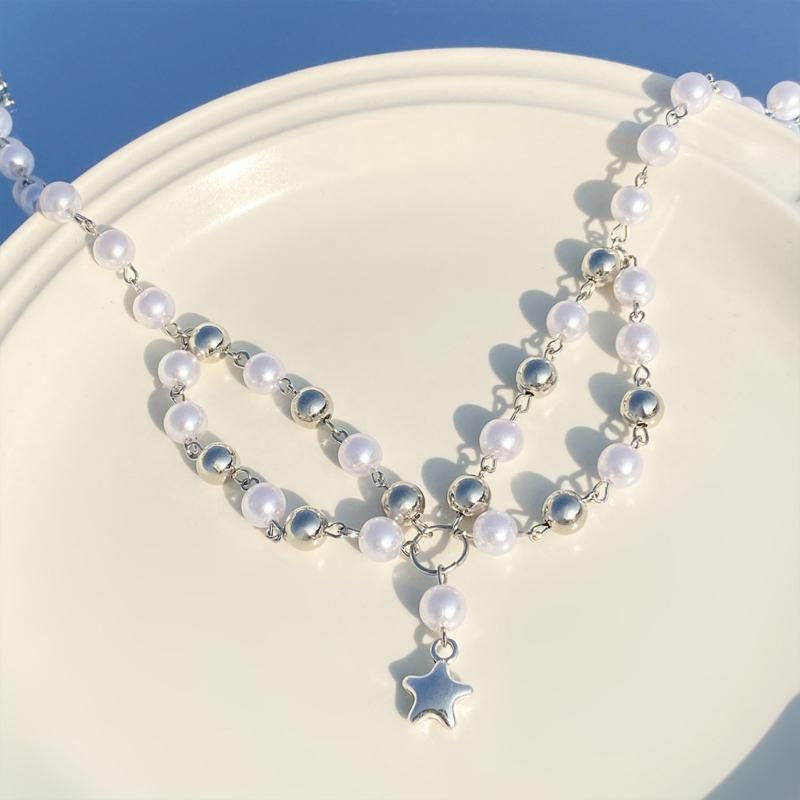 Fashionable Multilayer Star Charm Collar Necklace Adjustable Length Imitation Pearls Clavicle Chain Alloy Jewelry Gift