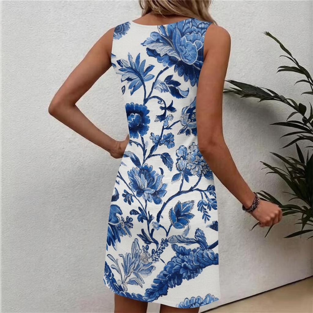 Robe d'été décontractée sans manches à imprimé floral pour femme Col rond Robe d'été Légère Coupe confortable Robe à motif floral