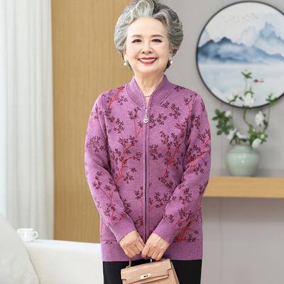 Senior Mother Wears Plus Velvet Thickened Sweater Grandma New Autumn Cardigan Middle-aged and Elderly Autumn and Winter Sweater Women