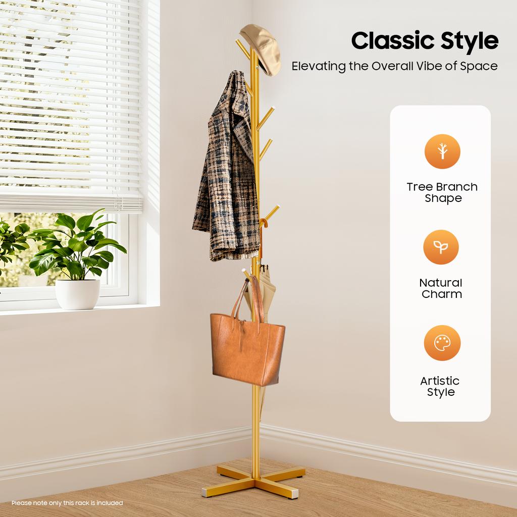 Golden Tree Coat Rack Stand, 7-Hook Iron Hallway Organizer for Hats Bags, Modern Free Standing Clothes Hat Stand