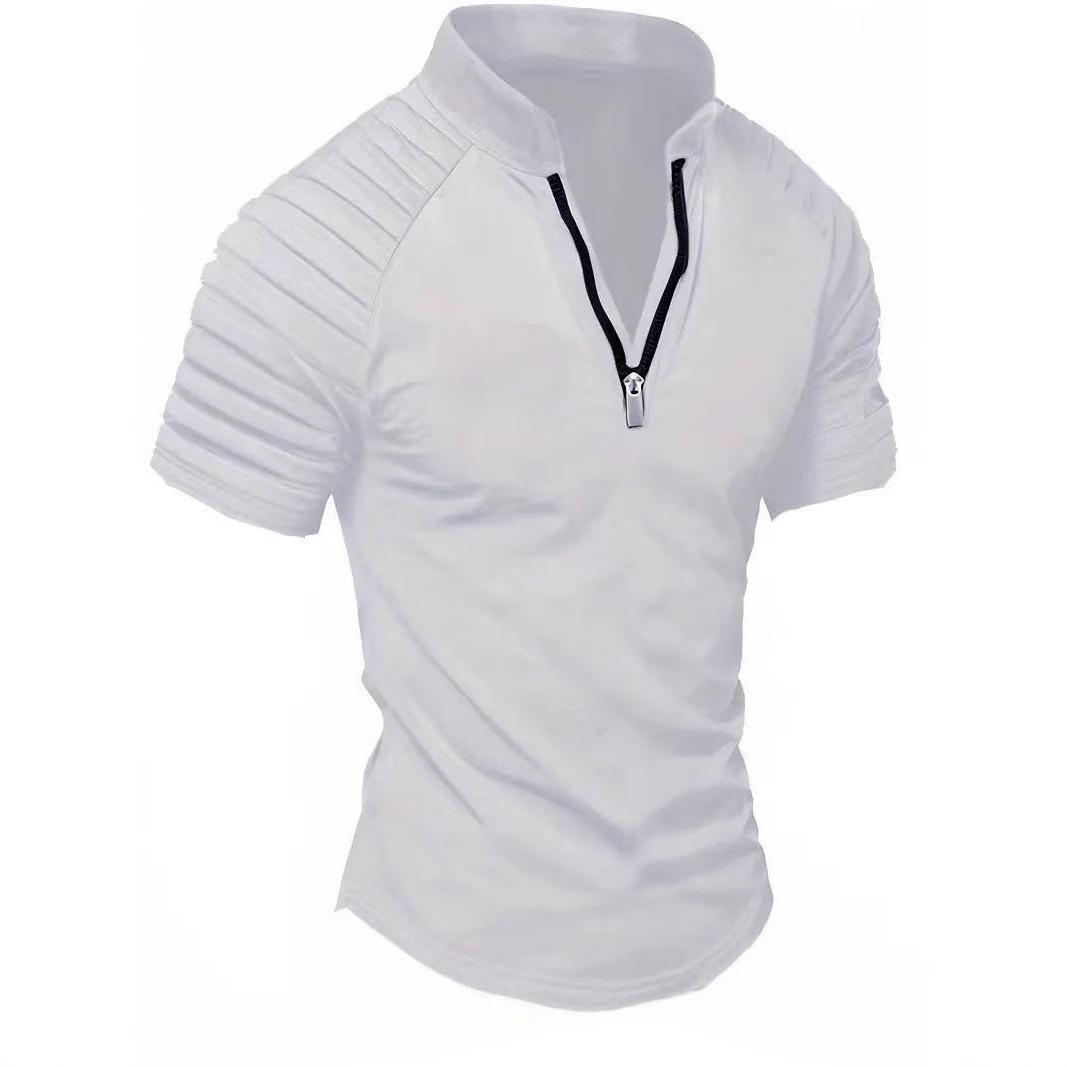 

Men S Summer Sports, Fitness, Leisure, Vertical Elastic Zipper Collar Short Sleeved T-Shirt S білий