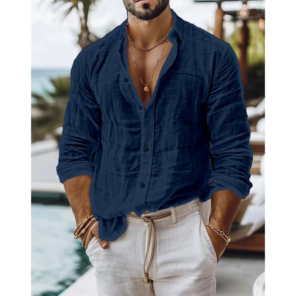 Men's Solid-Colour Cotton-Linen Blend Shirt Casual Style Long-Sleeved Business Casual Shirt