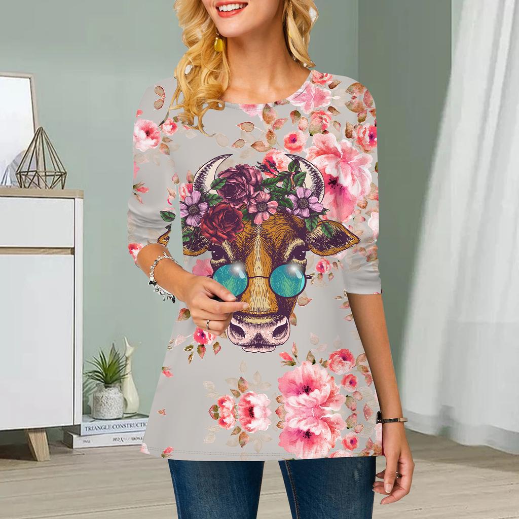 Plus Size Women Flower Deer Head Print Round Neck Casual Loose Long Sleeve Top