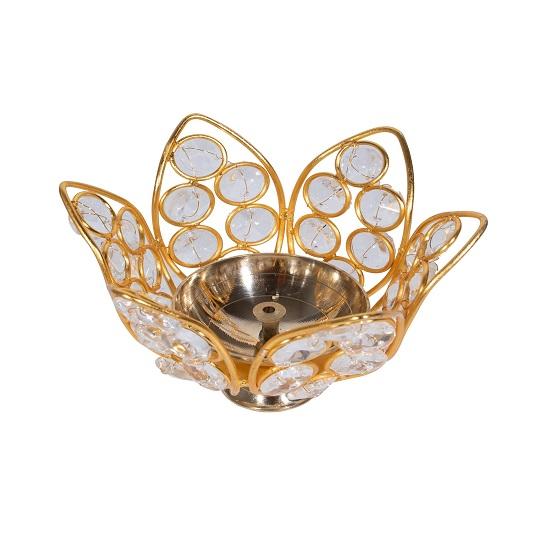 Lâmpada de óleo de cristal decorativa de latão, conjunto de 2 formas de lótus Akhand Diya, cristal de diamante Deepak para Puja e decoração de casa