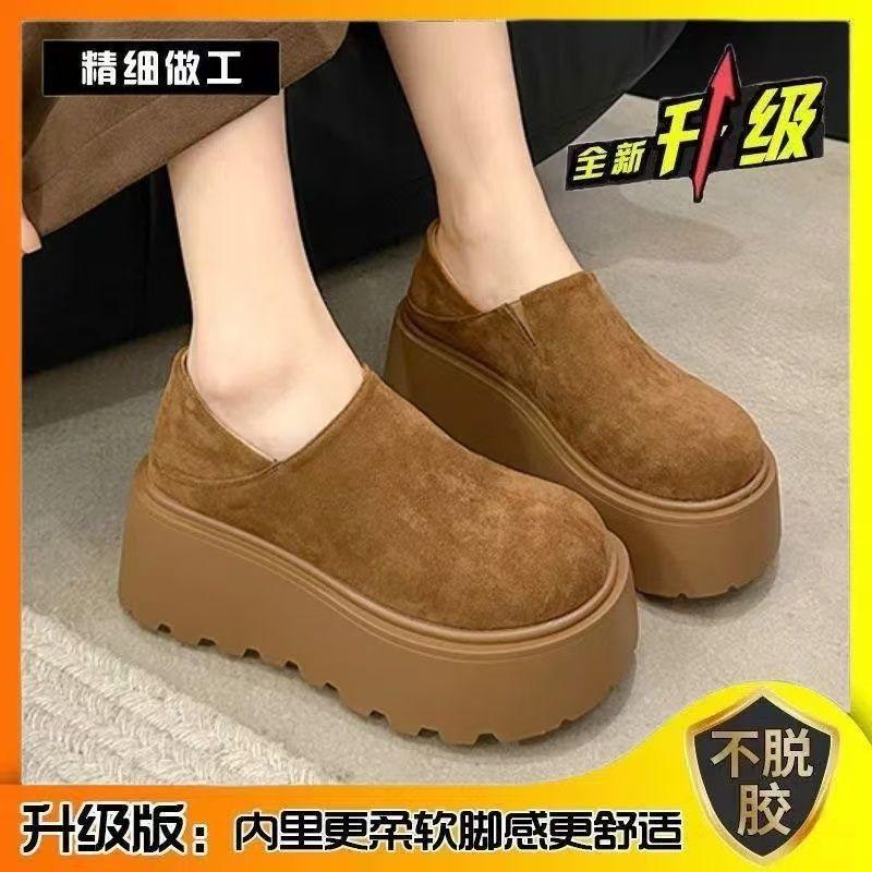 British retro muffin loafers 2024 autumn and winter new fashion lazy one-pedal thick-soled heightening cotton shoes women