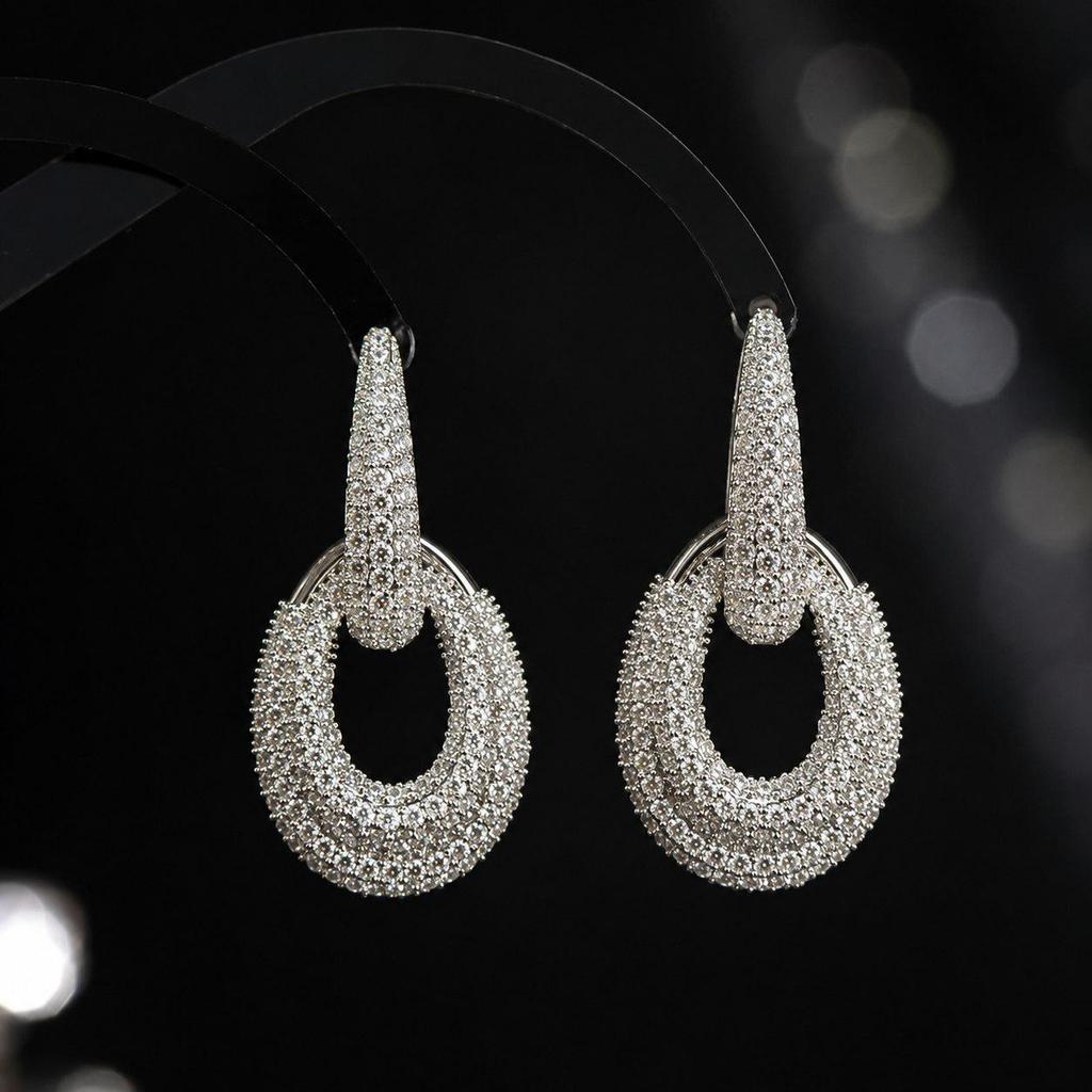 High-End Women's Zirconia-Inlaid S925 Silver Geometric Hoop Dangle Earrings