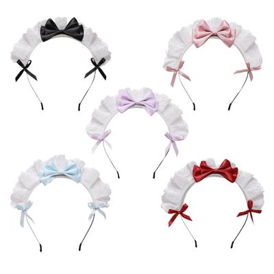 Hübsches, süßes Haarband im Anime-Maid-Stil, Cosplay-Stirnband, Lolita-Stil, Rüschenspitze, handgefertigte Satinschleife