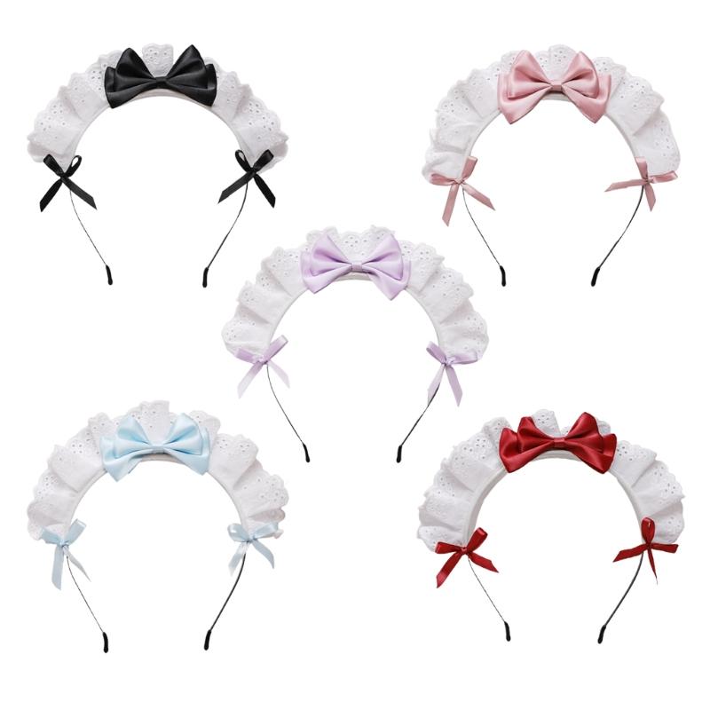 Lovely Sweet Hairband Anime Maid Cosplay Headband Lolita Ruffled Lace Headwear Handmade Satin Bowknot Hair Accessory