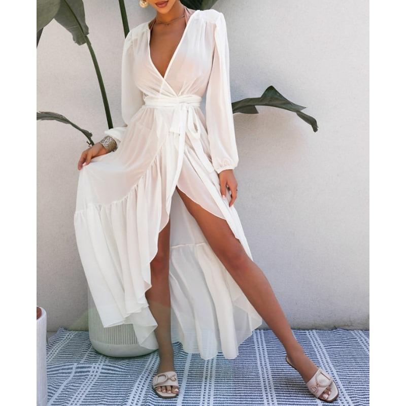 BITCED Women's Fashion Autumn Winter Solid Color Print Long Sleeve V-Neck Casual Dresses