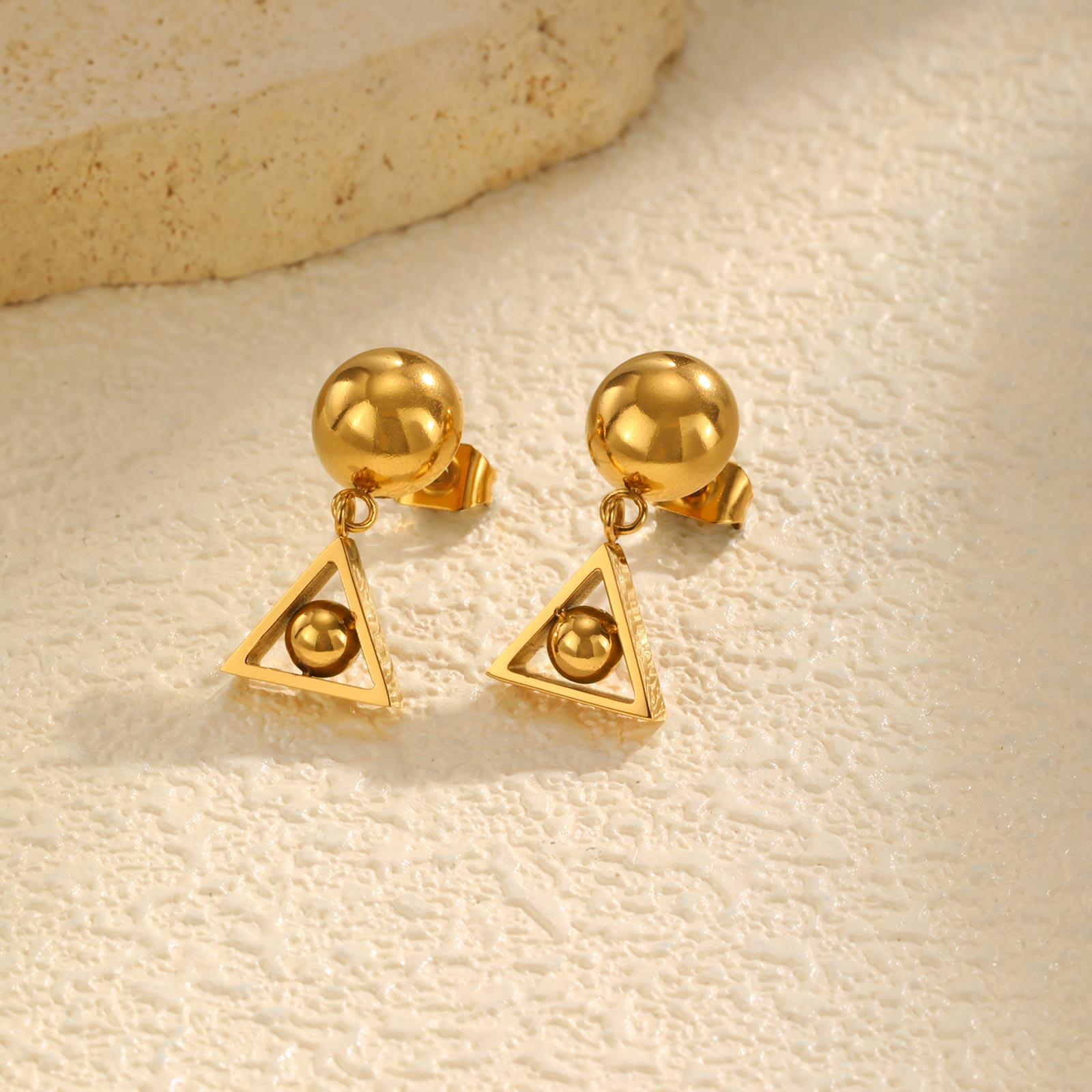 Stainless Steel Round Bead Earrings for Women, Triangle Pendant Earrings,Fashion Jewelry Gifts