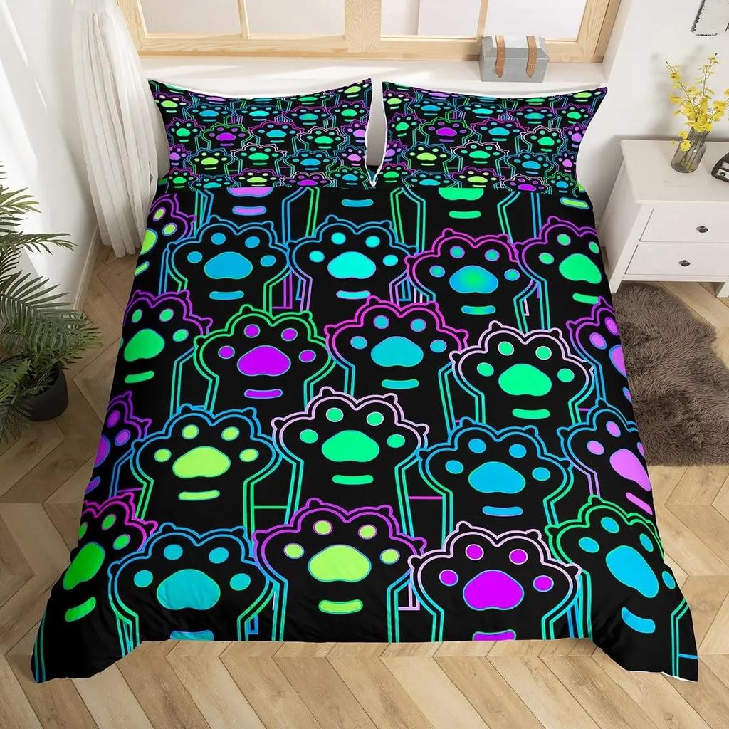 Dog Paw Print Duvet Cover Watercolor Gradient Puppy Footprints Comforter Cover with 2 Pillowcases,Funny Pets Animal Quilt Cover