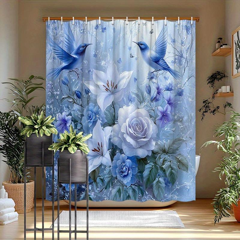 1Pc Blue Birds & Lilies Shower Curtain - Forget-Me-Nots Design, Polyester, 70.8X70.8", 12 Hooks, Washable, Elegant Bath Decor