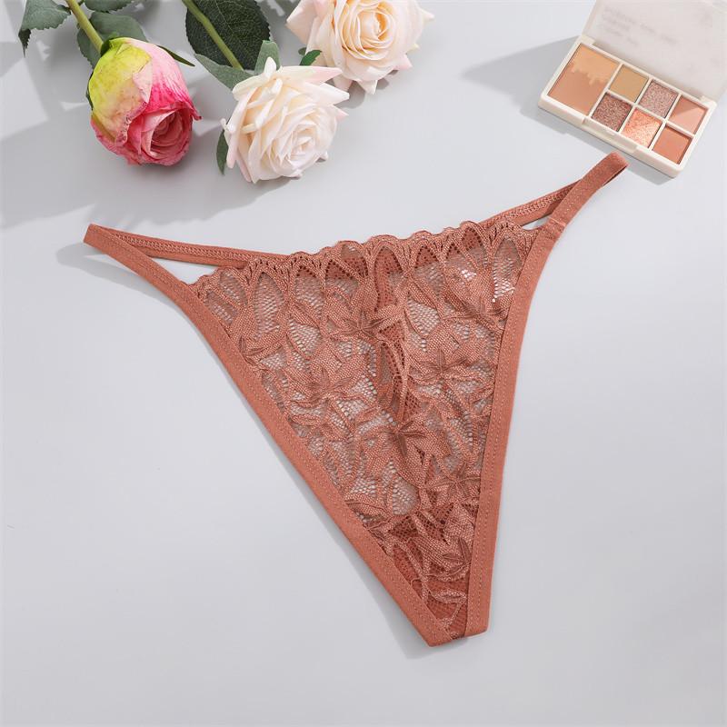 FINETOO Lace Thong For Women Sexy T-back Panty Solid Color Lingerie Floral Underwear