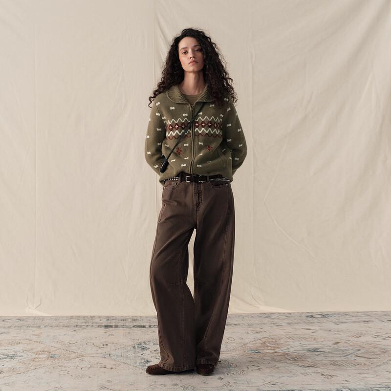 GREEN BELT Women's Pure Wool Fair Isle Knit Cardigan