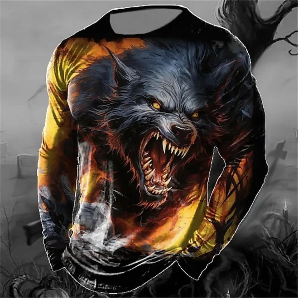 Men's Spring And Autumn Personality Retro Animal Wolf 3d Printed Round Neck Long Sleeve T-Shirt Casual Loose Breathable Jumper