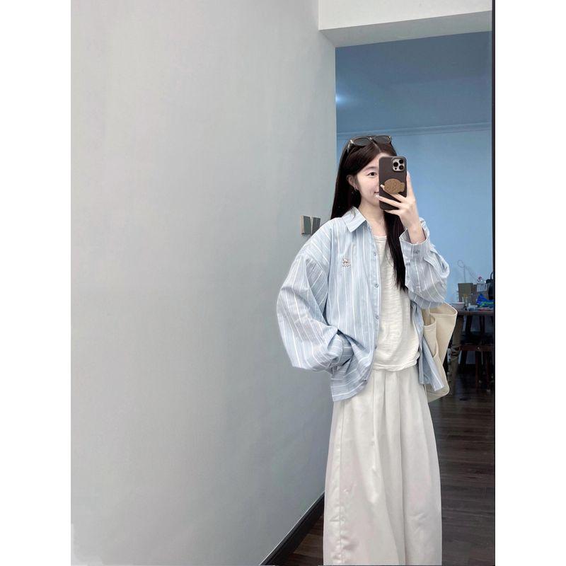 

Корейская серия Рубашки в стиле кэжуал в синюю полоску 2025 Новые женские Ранняя весна Уличная рубашка с длинным рукавом Летняя защита от солнца Верхняя одежда