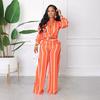 European & American Women's Striped Two-Piece Set: Long Sleeve Shirt & Pants